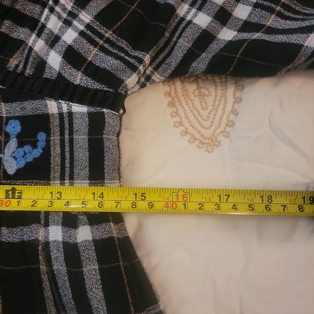 Anthropologie Black And White Plaid Dress With Blue Embroidery - Picture 6 of 11